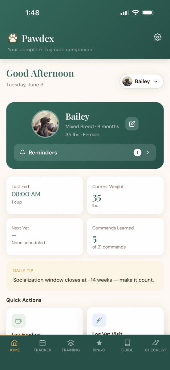 Pawdex home screen showing dog profile and quick stats