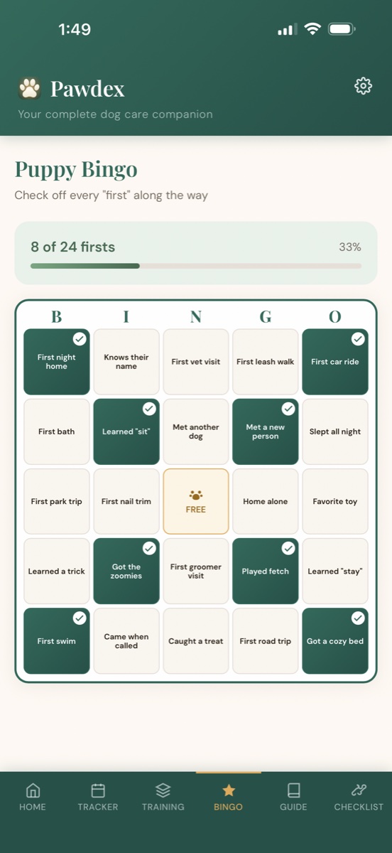 Puppy Bingo card with 24 milestones to check off