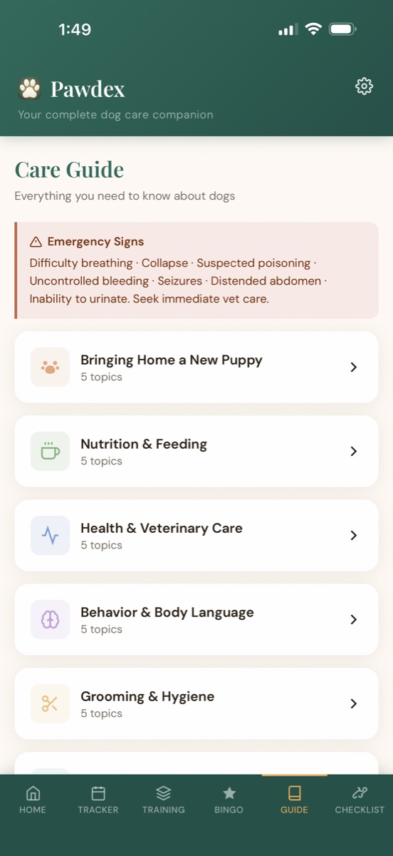 Built-in care guide with emergency reference and topic categories