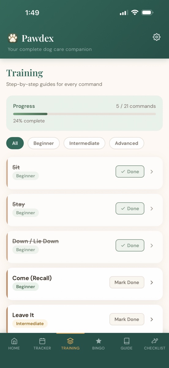 Training tab with 21 step-by-step commands and progress