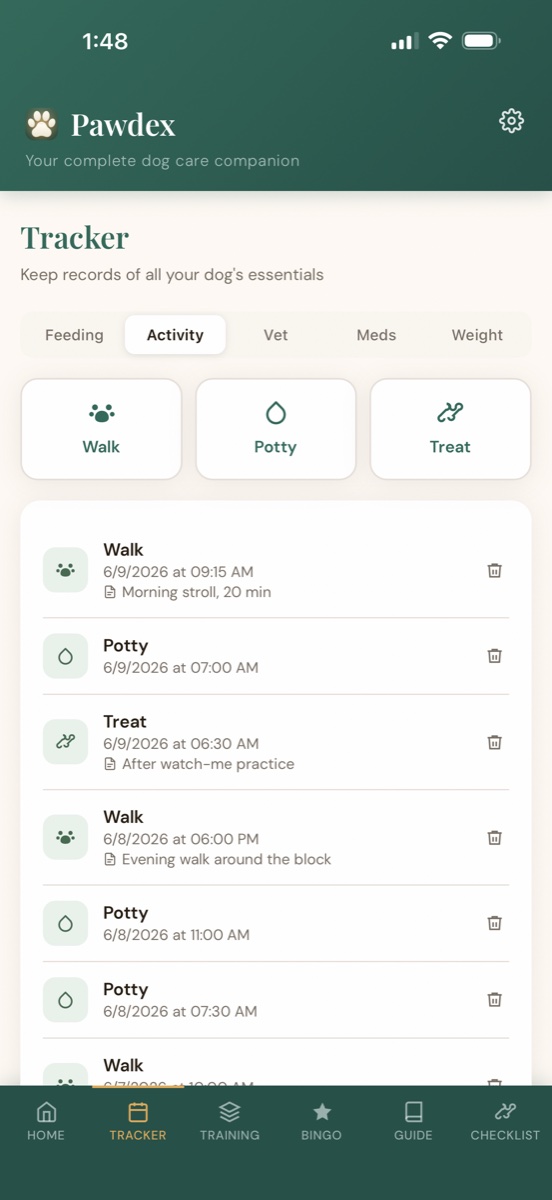 Activity log with one-tap walk, potty, and treat buttons