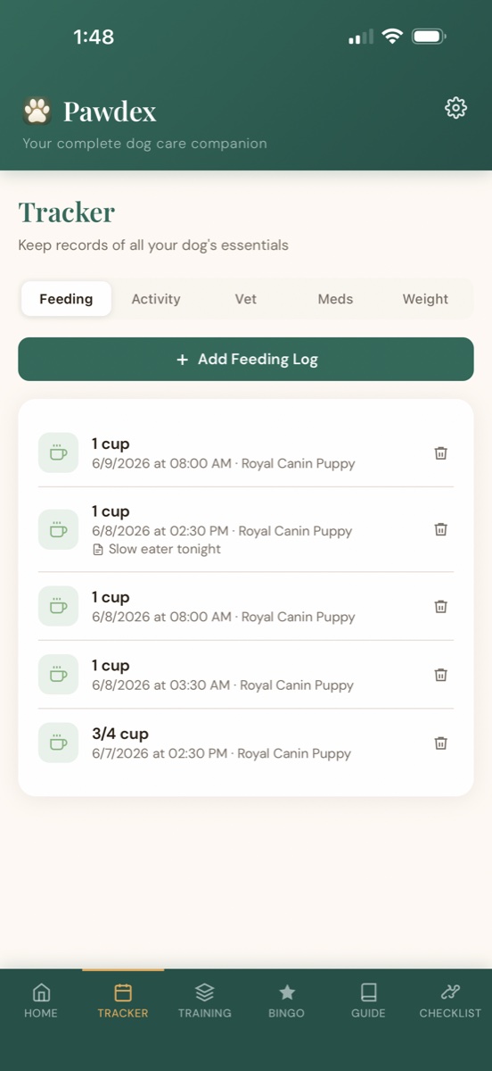 Feeding log showing daily meals and food type